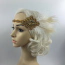 Vintage 1920s Gatsby Crystal Applique Headband Feather Flapper Wedding Headpiece Gold