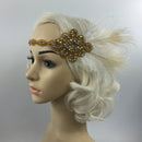 Vintage 1920s Gatsby Crystal Applique Headband Feather Flapper Wedding Headpiece Gold