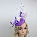 Women Girls Wedding Prom Party Hair Decor Feather Fascinator Flower Net Veil Linen Mini Top Hat Headband Gift Purple