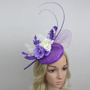 Women Girls Wedding Prom Party Hair Decor Feather Fascinator Flower Net Veil Linen Mini Top Hat Headband Gift Purple