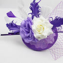 Women Girls Wedding Prom Party Hair Decor Feather Fascinator Flower Net Veil Linen Mini Top Hat Headband Gift Purple