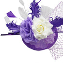 Women Girls Wedding Prom Party Hair Decor Feather Fascinator Flower Net Veil Linen Mini Top Hat Headband Gift Purple
