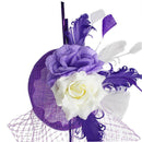 Women Girls Wedding Prom Party Hair Decor Feather Fascinator Flower Net Veil Linen Mini Top Hat Headband Gift Purple
