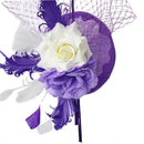 Women Girls Wedding Prom Party Hair Decor Feather Fascinator Flower Net Veil Linen Mini Top Hat Headband Gift Purple