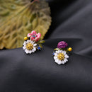 Fashion Colors Plainting Oil Flower Enamel Crystal Rhinestone Ear Stud Earrings
