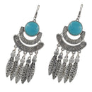 Boho Gypsy Turquoise Feather Leaf Tassel Dangle Drop Earring Antique Silver