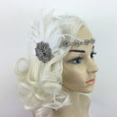 White Feather Silver Flapper Headband 1920s 30s Fancy Dress Bridal Hairband
