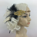 Gold Crystal Flapper Feather Headband 1920s Fancy Dress Charleston Bowband
