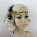 Gold Crystal Flapper Feather Headband 1920s Fancy Dress Charleston Bowband