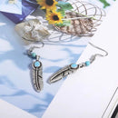 Vintage Bohemian Feather Shape Pendant Turquoise Beads Drop Dangle Earrings