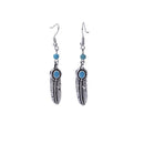 Vintage Bohemian Feather Shape Pendant Turquoise Beads Drop Dangle Earrings