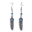 Vintage Bohemian Feather Shape Pendant Turquoise Beads Drop Dangle Earrings