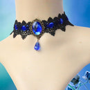 Gothic Victorian Vintage Black Lace Blue Gemstone Choker Necklace