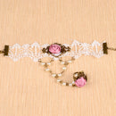 Retro Gothic White Lace Pink Flower Bracelet Chain Ring Bride Accessories