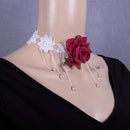 Vintage Red Rose White Lace Tassel Choker Necklace for Wedding Bride Girl