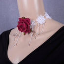 Vintage Red Rose White Lace Tassel Choker Necklace for Wedding Bride Girl