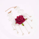 Vintage Red Rose White Lace Tassel Choker Necklace for Wedding Bride Girl