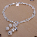 Women Silver Plated Stainless Steel Multi-line Chain Bangle Beads Dangle Lobster Charm Cuff Bracelet for Women Girl