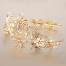 Elegant Bridal Wedding Shiny Crystal Freshwater Pearls Flower Headband Gold
