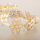 Elegant Bridal Wedding Shiny Crystal Freshwater Pearls Flower Headband Gold