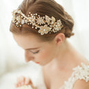 Elegant Bridal Wedding Shiny Crystal Freshwater Pearls Flower Headband Gold