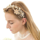 Elegant Bridal Wedding Shiny Crystal Freshwater Pearls Flower Headband Gold