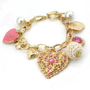 Women Gold Hollow Out Love Heart Pearls Drop Bracelet Chain Jewelry Gifts