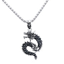 Tibetan Silver Stainless Steel Black Rhinestone Dragon Charm Pendant Necklace with Long Chain 20 Inch