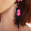 Hip Hop Long Acrylic Earrings Black Hot Pink Color Statement Heart Stud Earrings