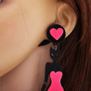 Hip Hop Long Acrylic Earrings Black Hot Pink Color Statement Heart Stud Earrings