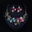 Women Multicolor Flower Rhinestone Statement Necklace Earring Jewelry Set