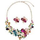 Women Multicolor Flower Rhinestone Statement Necklace Earring Jewelry Set