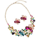 Women Multicolor Flower Rhinestone Statement Necklace Earring Jewelry Set