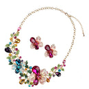 Women Multicolor Flower Rhinestone Statement Necklace Earring Jewelry Set