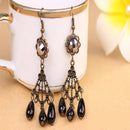 Women Vintage Fashion Black Waterdrop Beads Tassel Long Dangle Earrings