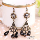 Women Vintage Fashion Black Waterdrop Beads Tassel Long Dangle Earrings
