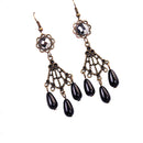 Women Vintage Fashion Black Waterdrop Beads Tassel Long Dangle Earrings