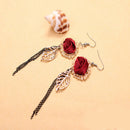 Women Vintage Elegant Tassel Gold Plated Leaf Red Rose Long Dangle Earrings