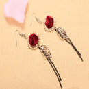 Women Vintage Elegant Tassel Gold Plated Leaf Red Rose Long Dangle Earrings