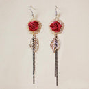 Women Vintage Elegant Tassel Gold Plated Leaf Red Rose Long Dangle Earrings