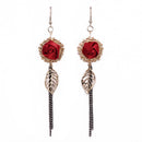 Women Vintage Elegant Tassel Gold Plated Leaf Red Rose Long Dangle Earrings