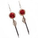 Women Vintage Elegant Tassel Gold Plated Leaf Red Rose Long Dangle Earrings