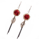 Women Vintage Elegant Tassel Gold Plated Leaf Red Rose Long Dangle Earrings