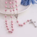 Women Girls Hip 8mm Bead Rosary Pray Hand Jesus Cross Pendant Necklace Pink