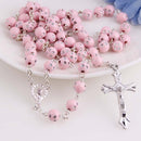 Women Girls Hip 8mm Bead Rosary Pray Hand Jesus Cross Pendant Necklace Pink