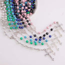 Women Girls Hip 8mm Bead Rosary Pray Hand Jesus Cross Pendant Necklace Pink