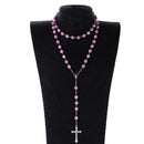 Women Girls Hip 8mm Bead Rosary Pray Hand Jesus Cross Pendant Necklace Pink