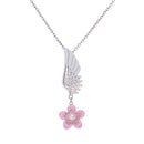 Lady Pink Enamel Flower Silver Plated Angel Wing Pendant Necklace Chain