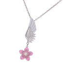 Lady Pink Enamel Flower Silver Plated Angel Wing Pendant Necklace Chain