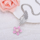 Lady Pink Enamel Flower Silver Plated Angel Wing Pendant Necklace Chain
